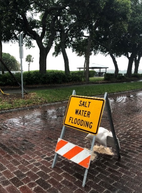 A salt water flooding sign sits on a road